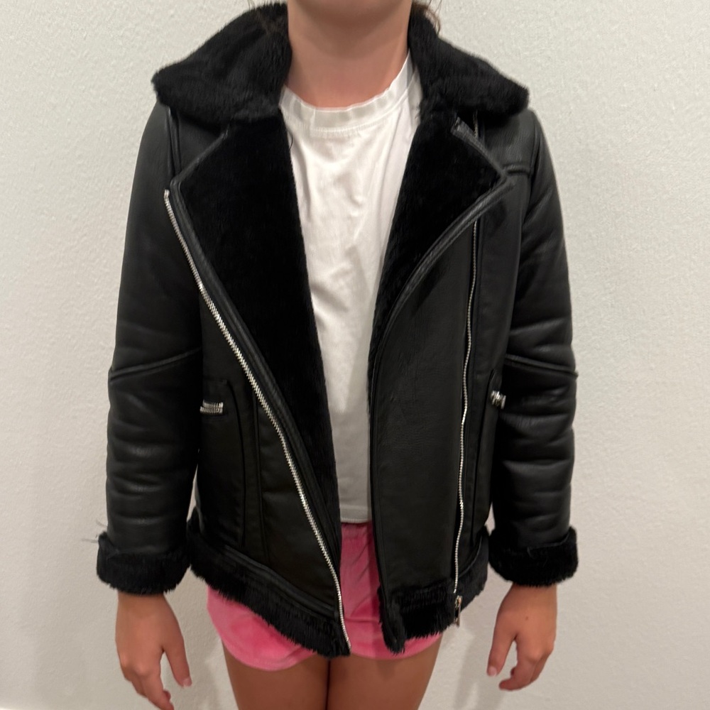 Zara Kids Black Faux Leather Jacket with Shearling Trin